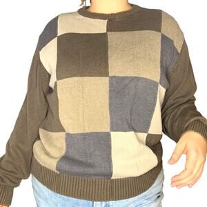 Vintage Brown Checkered Plaid Crewneck Sweater Knit XL